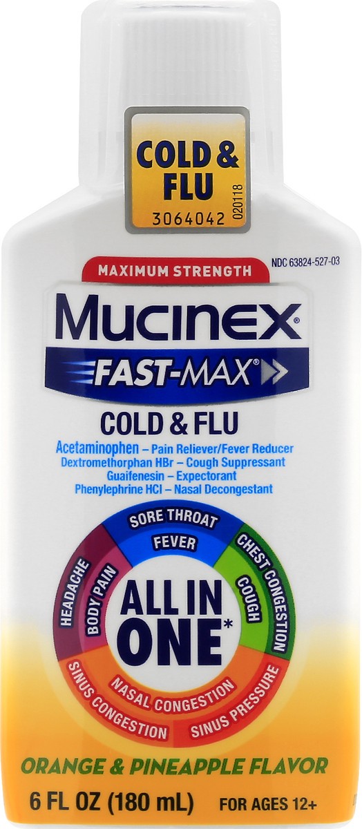 slide 6 of 9, Mucinex Fast-Max All In One Maximum Strength Orange & Pineapple Flavor Cold & Flu 6 oz, 6 oz