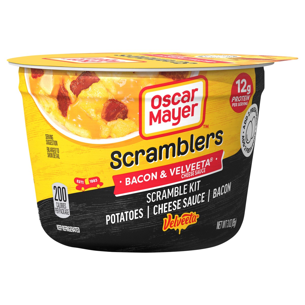slide 4 of 9, Oscar Mayer Scramblers Bacon & Velveeta Cheese Sauce Scramble Kit, 3 oz Cup, 3 oz
