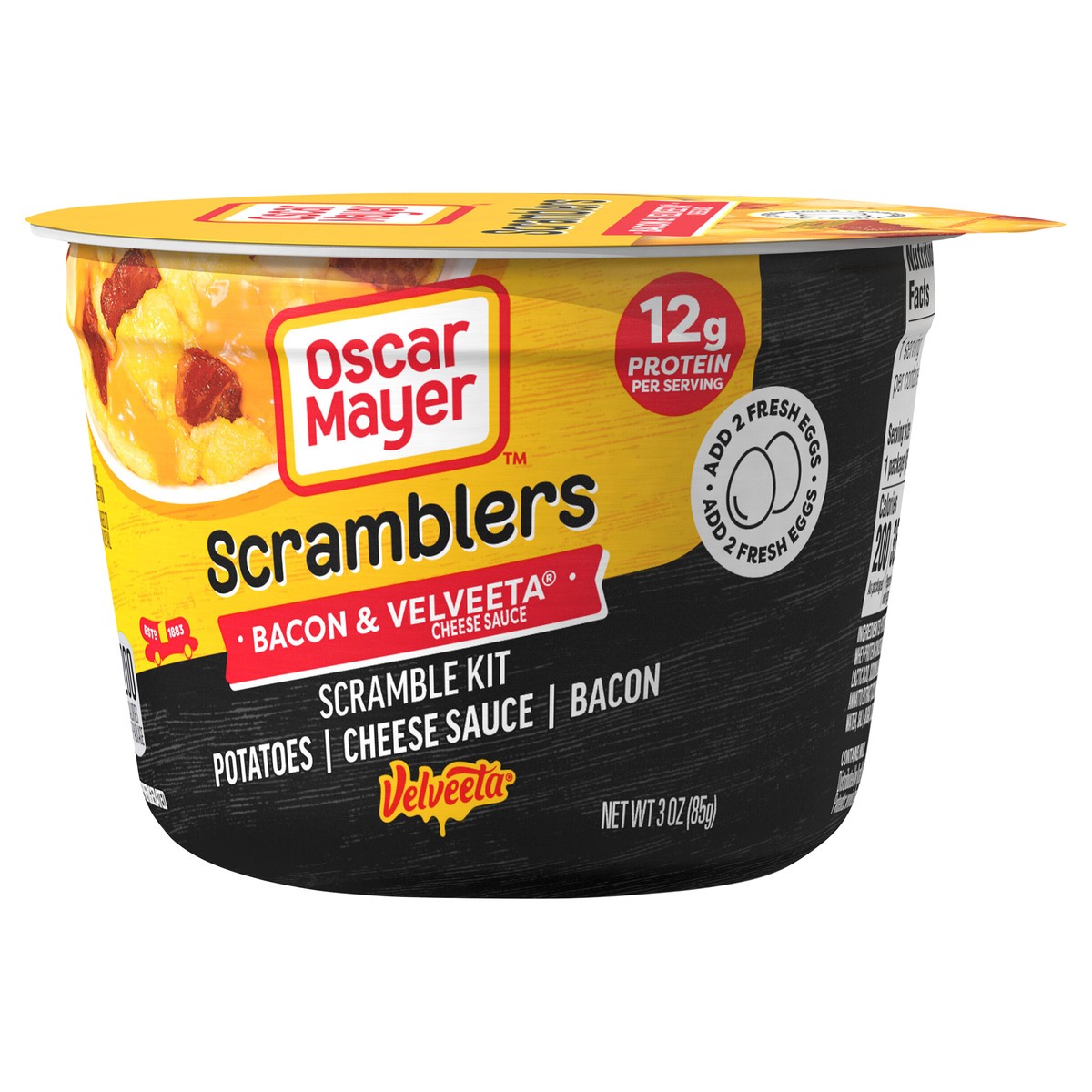 slide 3 of 9, Oscar Mayer Scramblers Bacon & Velveeta Cheese Sauce Scramble Kit, 3 oz Cup, 3 oz