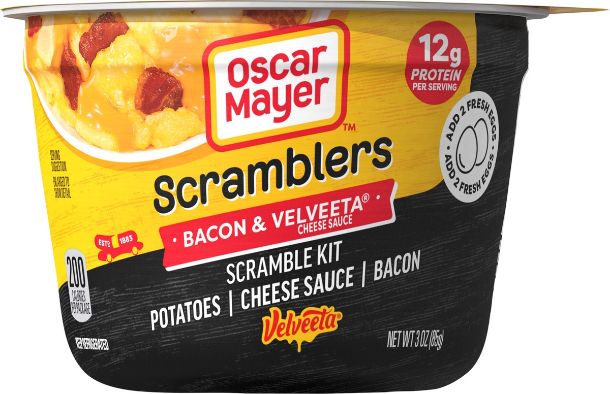 slide 9 of 9, Oscar Mayer Scramblers Bacon & Velveeta Cheese Sauce Scramble Kit, 3 oz Cup, 3 oz