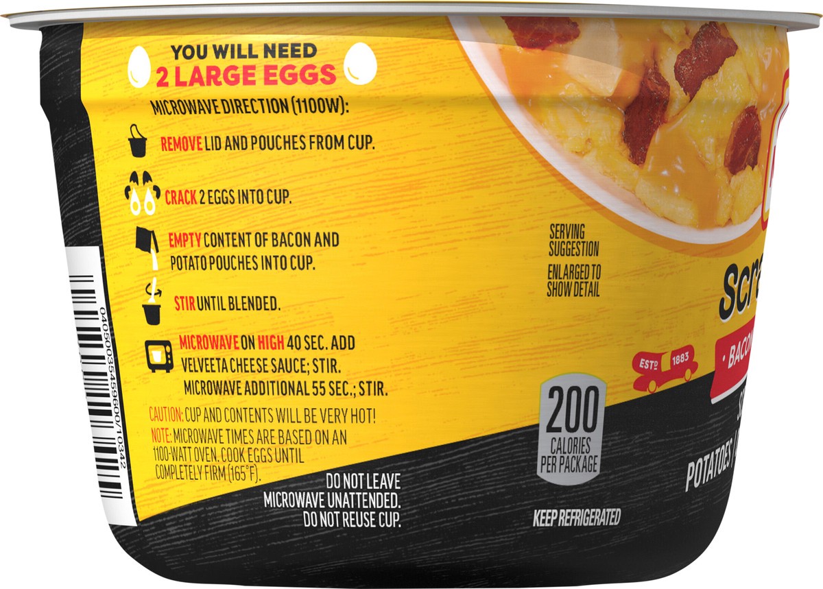 slide 6 of 9, Oscar Mayer Scramblers Bacon & Velveeta Cheese Sauce Scramble Kit, 3 oz Cup, 3 oz