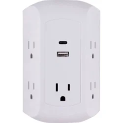 GE 5-Outlet Tap 2 USB Ports White