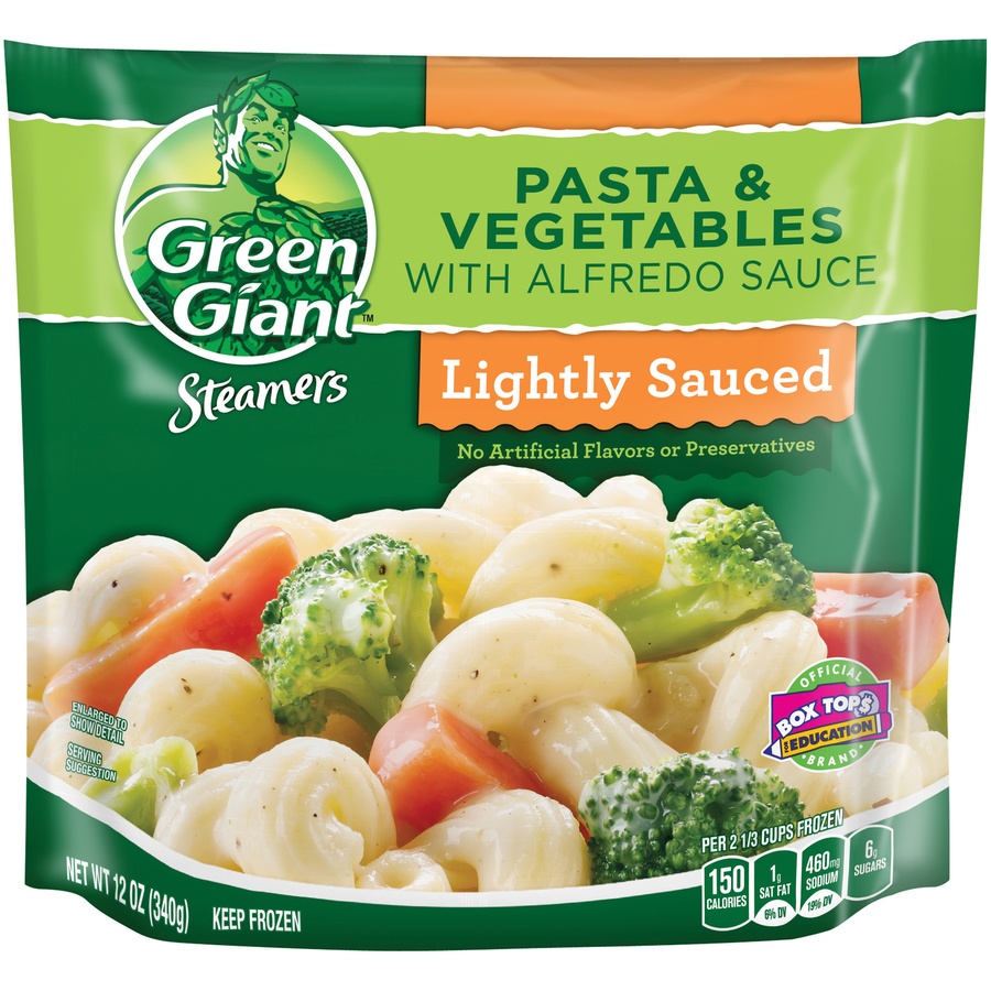 slide 1 of 1, Green Giant Steamers Lightly Sauced Pasta & Vegetables with Alfredo Sauce, 12 oz