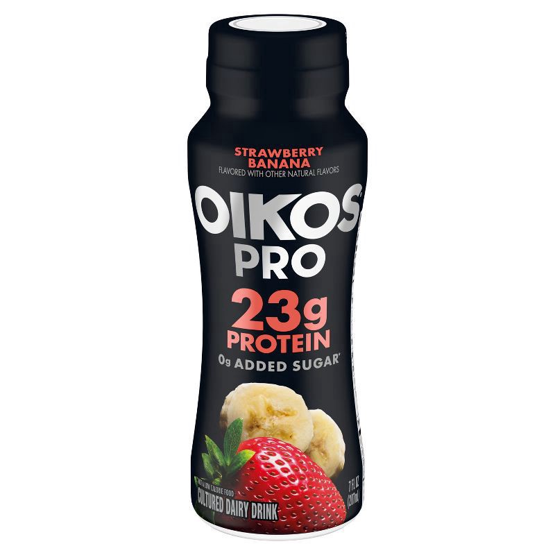 slide 3 of 7, Oikos Pro Strawberry Banana Cultured Dairy Drink, 23g Protein, 7 Fl Oz Bottle, 7 fl oz