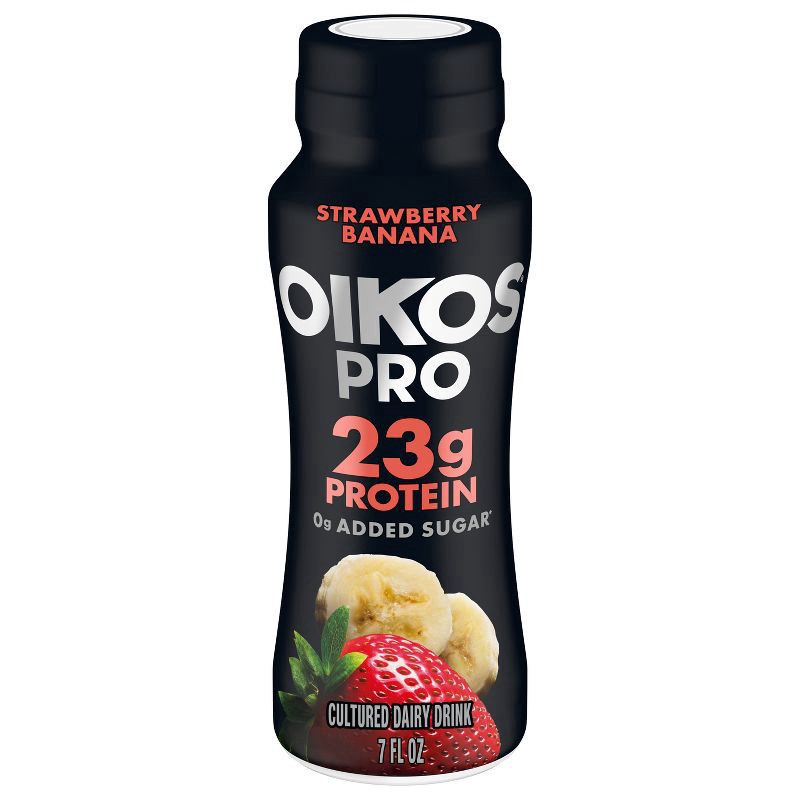 slide 1 of 7, Oikos Pro Strawberry Banana Cultured Dairy Drink, 23g Protein, 7 Fl Oz Bottle, 7 fl oz