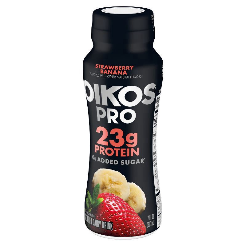 slide 5 of 7, Oikos Pro Strawberry Banana Cultured Dairy Drink, 23g Protein, 7 Fl Oz Bottle, 7 fl oz