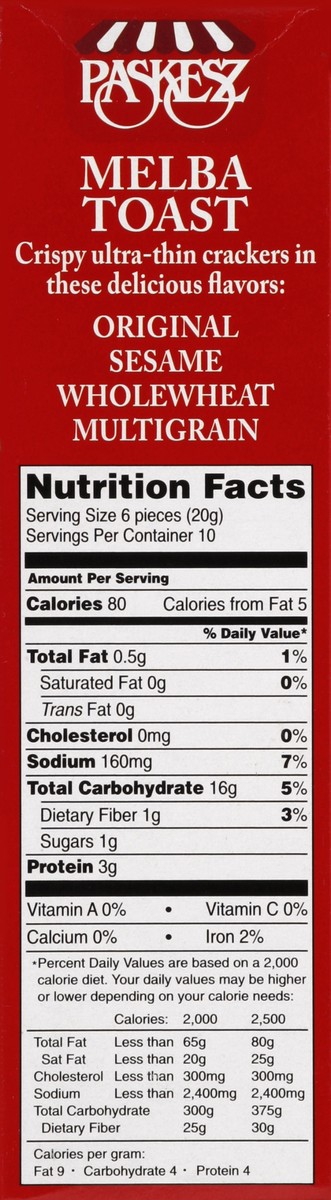 slide 4 of 5, Paskesz Original Melba Toast, 7 oz