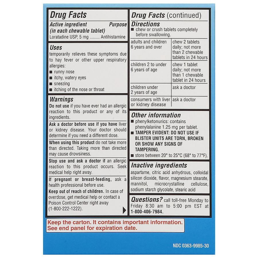 slide 3 of 3, Walgreens Children's Allergy Relief Loratadine Dye-Free Chewable Tablets Grape, 30 ct