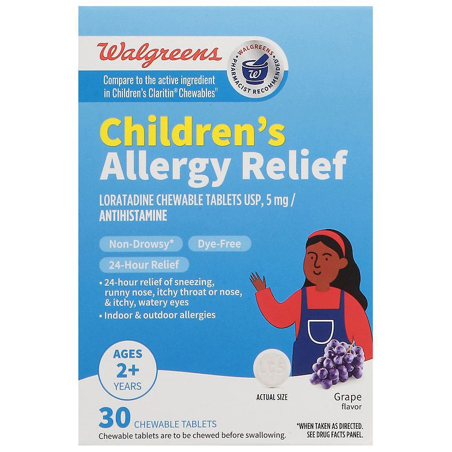 slide 1 of 3, Walgreens Children's Allergy Relief Loratadine Dye-Free Chewable Tablets Grape, 30 ct