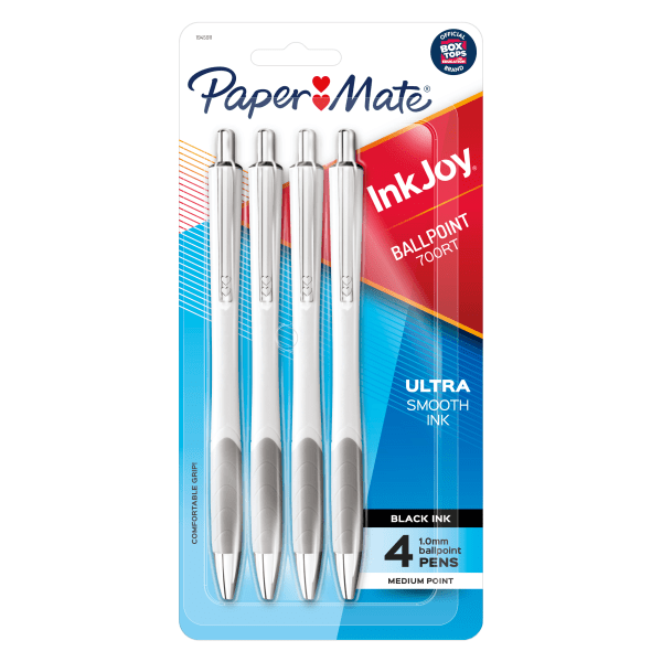 slide 1 of 5, Paper Mate Inkjoy 700Rt Retractable Ballpoint Pens, Medium Point, 1.0 Mm, White Barrels, Black Ink, Pack Of 4, 4 ct