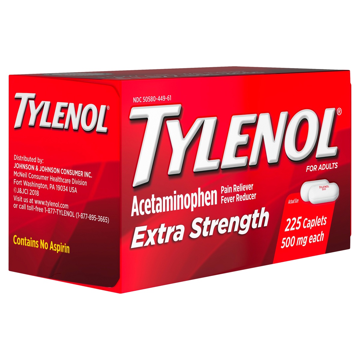 slide 2 of 5, Tylenol Extra Strength Caplets with 500 mg Acetaminophen, Pain Reliever & Fever Reducer, Acetaminophen For Headache, Backache & Menstrual Pain Relief, 225 ct