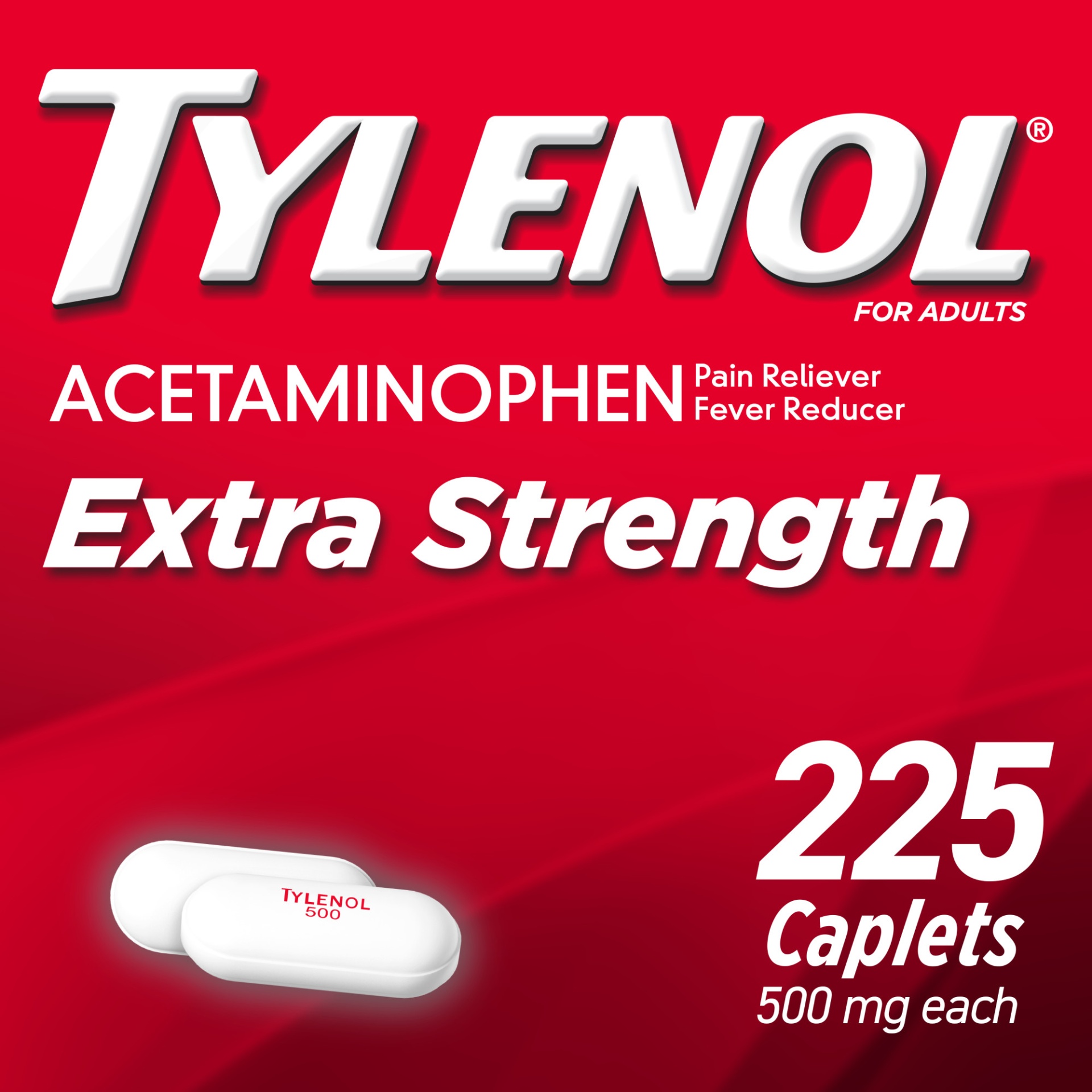 slide 1 of 5, Tylenol Extra Strength Caplets with 500 mg Acetaminophen, Pain Reliever & Fever Reducer, Acetaminophen For Headache, Backache & Menstrual Pain Relief, 225 ct