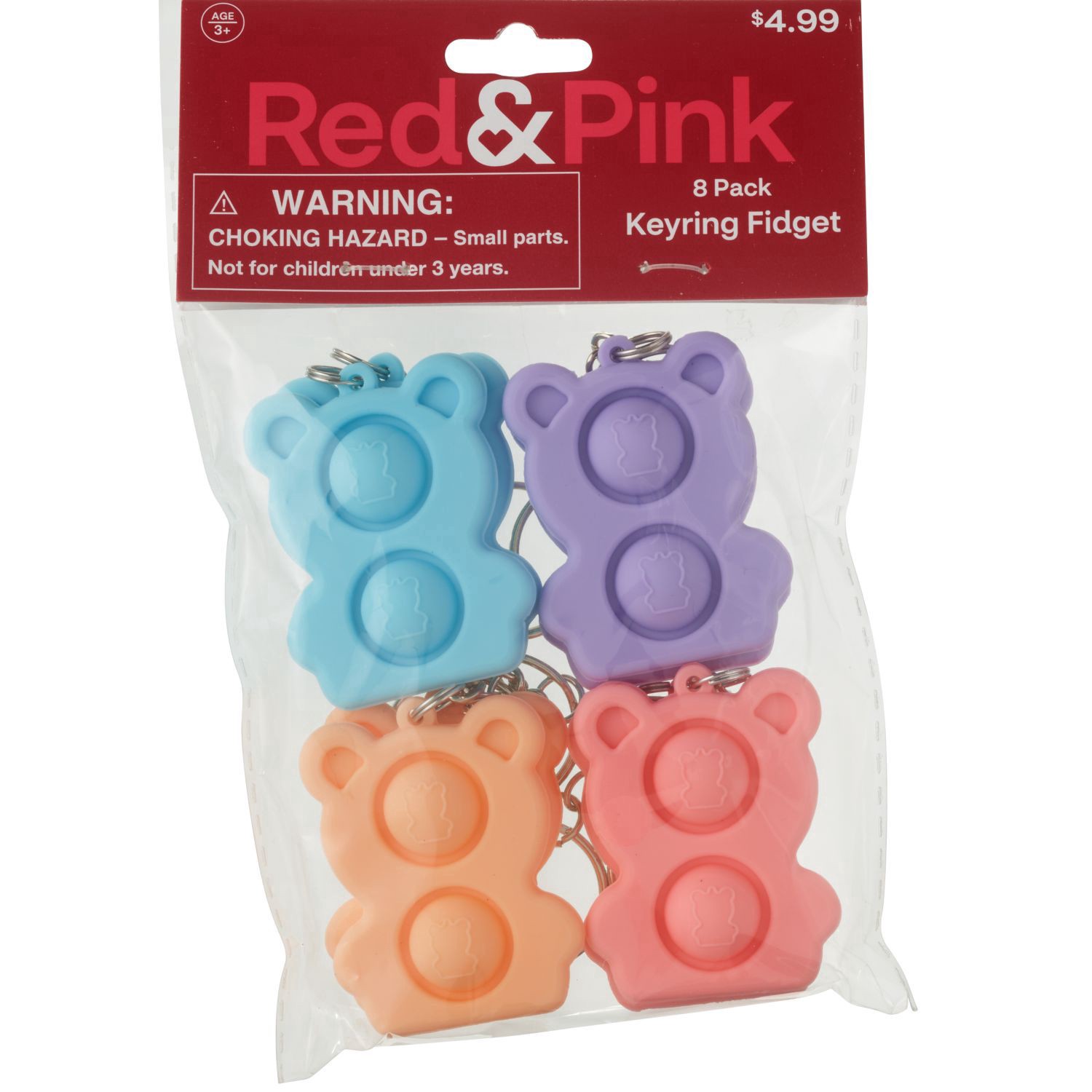 slide 1 of 1, RED AND PINK Pop Fidget Keyrings, 8 ct