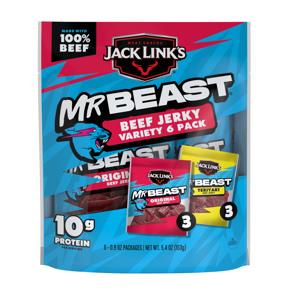 slide 1 of 1, Jack Link's® Mr Beast® Original and Teriyaki Beef Jerky, 6 ct / .9 oz, 6 ct