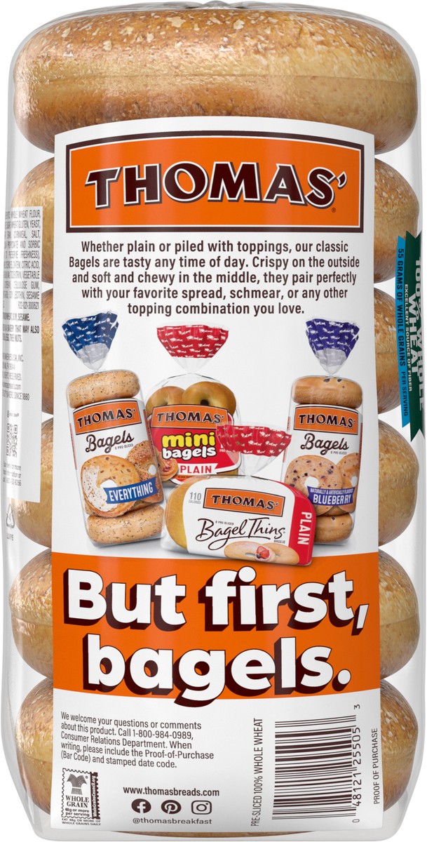 slide 5 of 9, Thomas' 100% Whole Wheat Bagels, 6 count, 20 oz, 6 ct