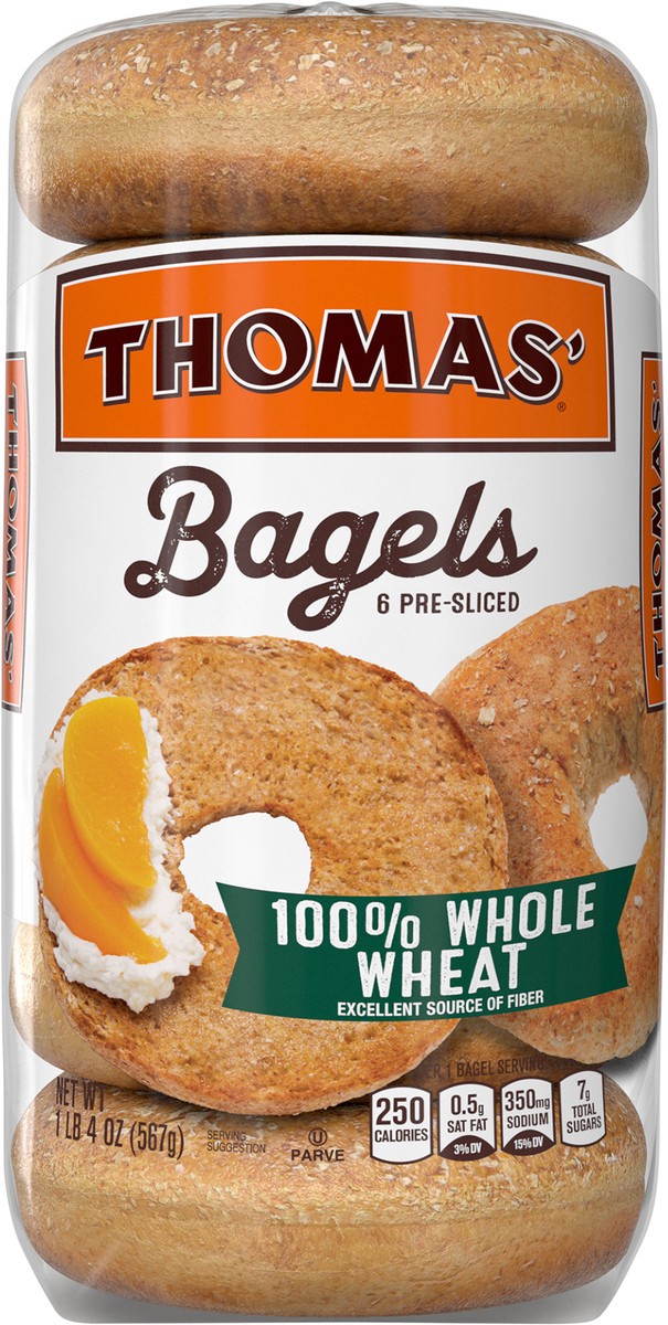 slide 6 of 9, Thomas' 100% Whole Wheat Bagels, 6 count, 20 oz, 6 ct