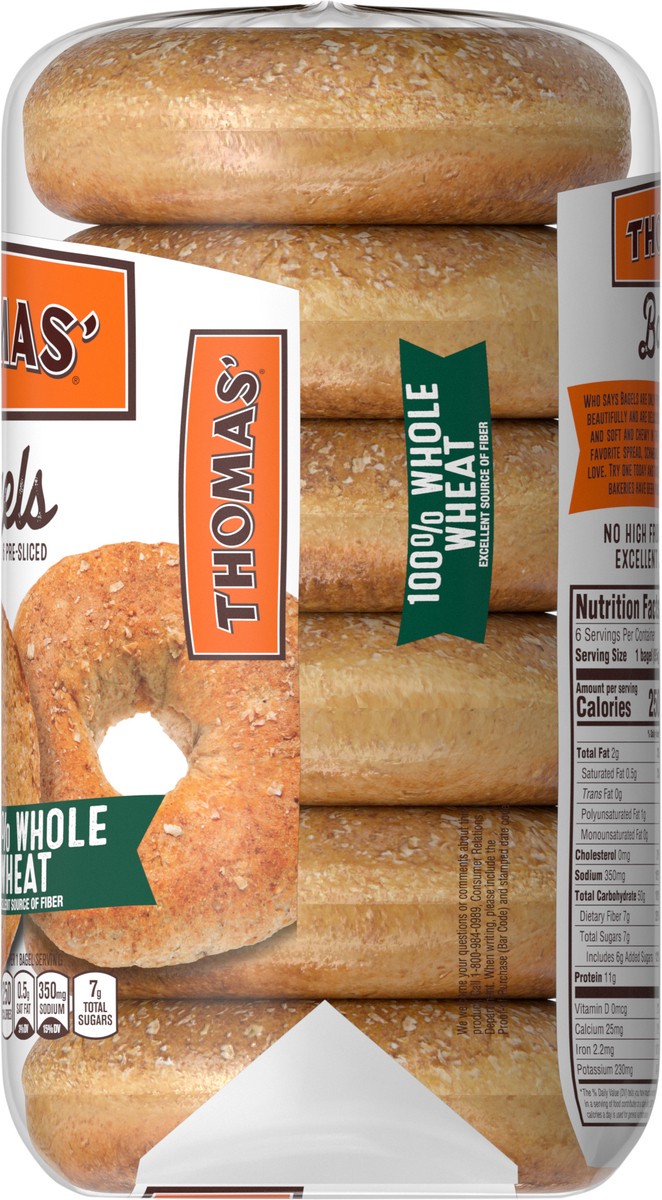 slide 8 of 9, Thomas' 100% Whole Wheat Bagels, 6 count, 20 oz, 6 ct