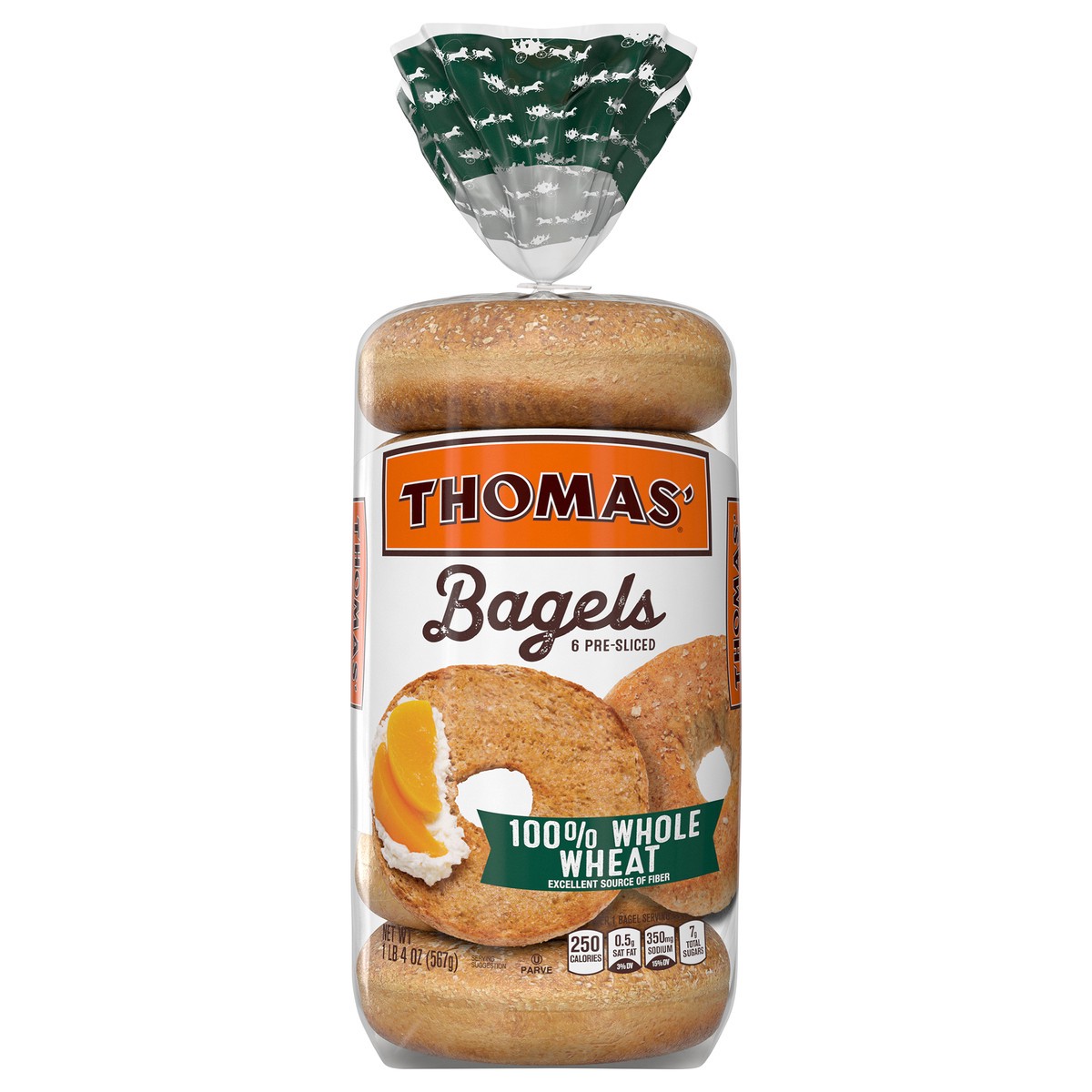 slide 1 of 9, Thomas' 100% Whole Wheat Bagels, 6 count, 20 oz, 6 ct