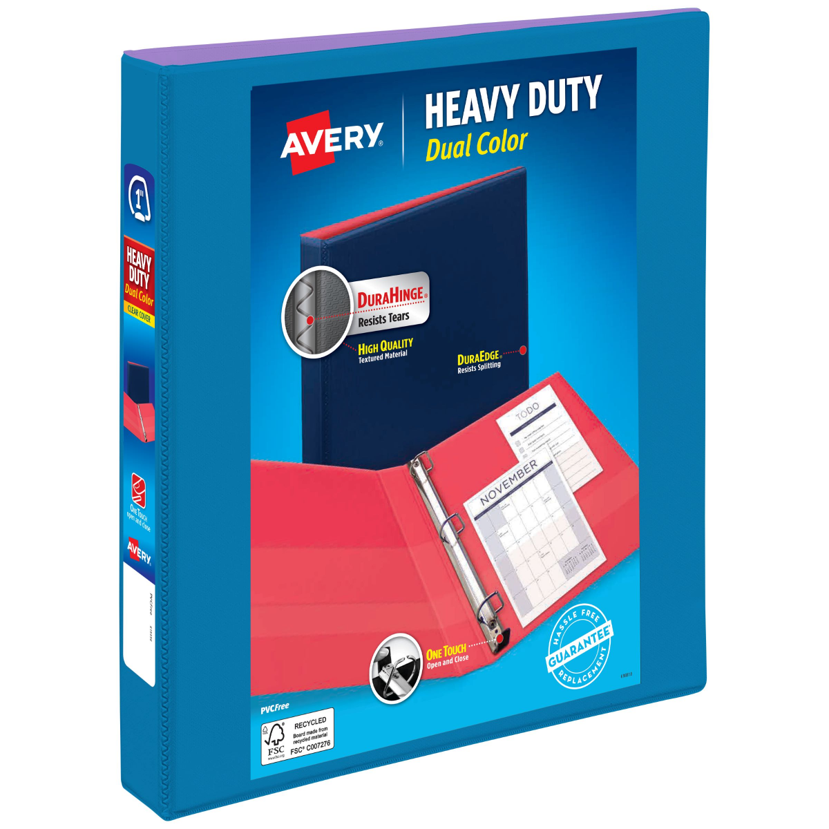 slide 1 of 5, Avery 3-Ring Dual Color Heavy-Duty View Binder, 1" Slant Rings, 49% Recycled, Pool Blue/Lavender, 1 in