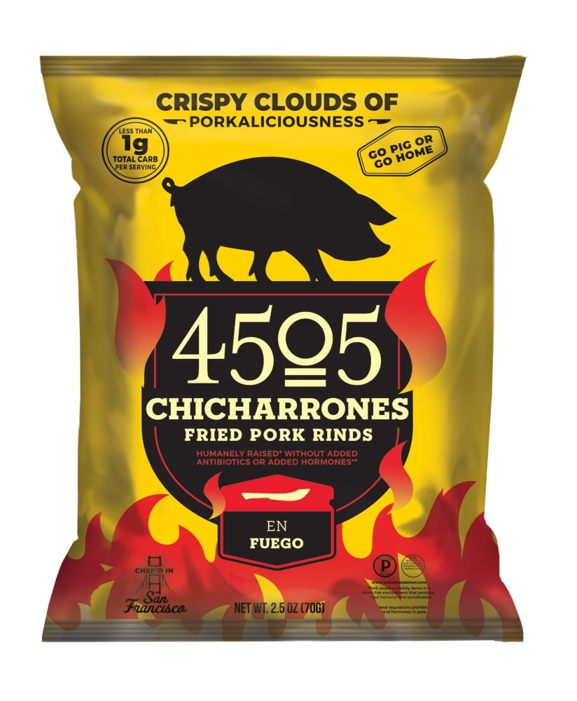 slide 1 of 1, 4505 Meats Fried Pork Rinds Chicharrones En Fuego, 2.5 oz