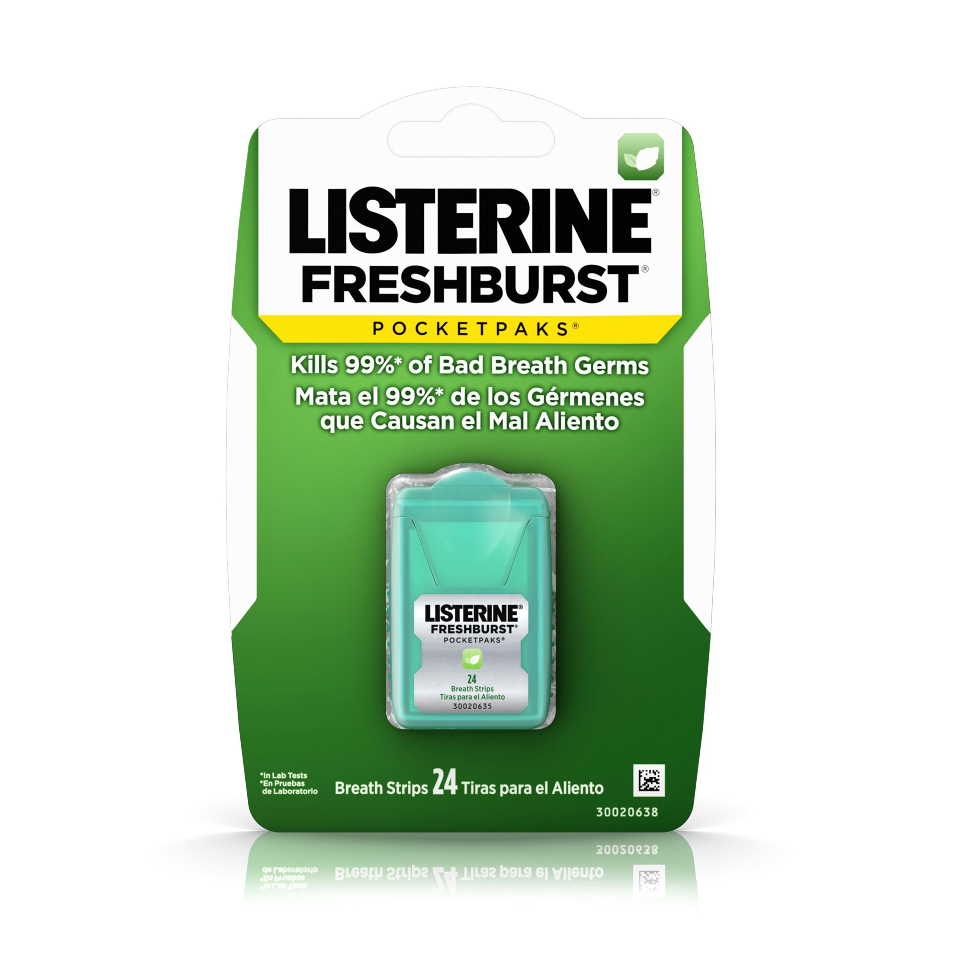 slide 1 of 9, Listerine Freshburst Pocketpaks Portable Breath Strips, Dissolving Breath Freshener Strips Kill 99% of Germs that Cause Bad Breath, Portable for On-the-Go, Minty Flavor, 24-strips, 24 ct