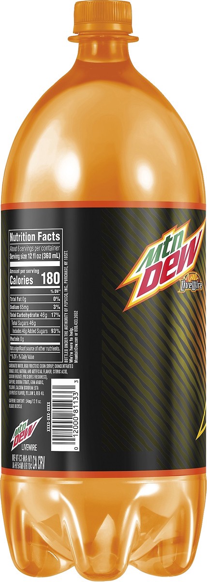 slide 5 of 5, Mountain Dew Live Wire DEW Sparked With Natural & Artificial Orange Flavor 2 L Bottle, 2 liter