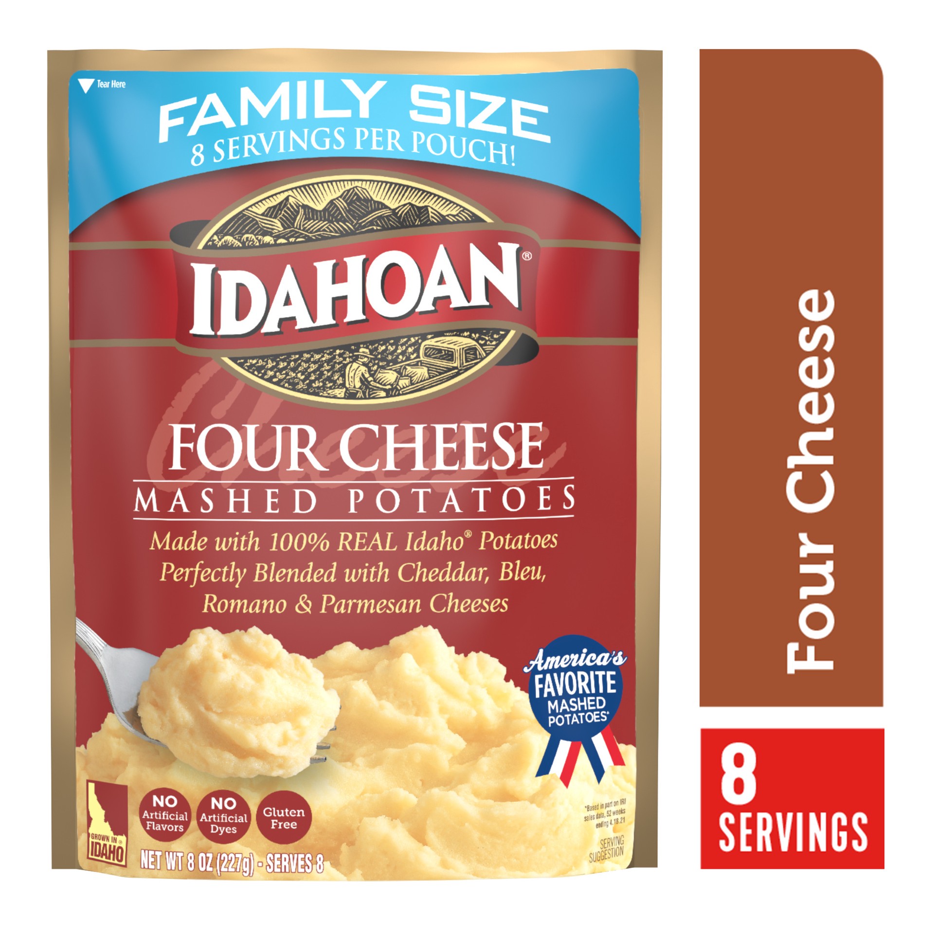 slide 1 of 9, Idahoan Four Cheese Mashed Potatoes Family Size, 8 oz Pouch, 8 oz