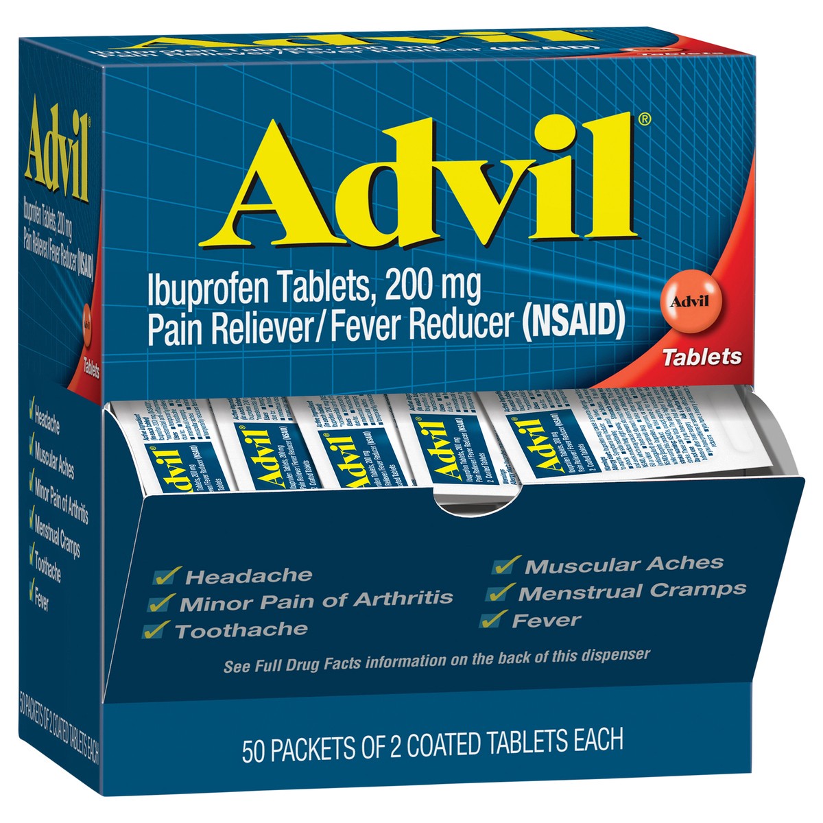 slide 2 of 9, Advil Pain Reliever and Fever Reducer, Ibuprofen 200mg for Pain Relief - 100 Coated Tablets, 50 ct