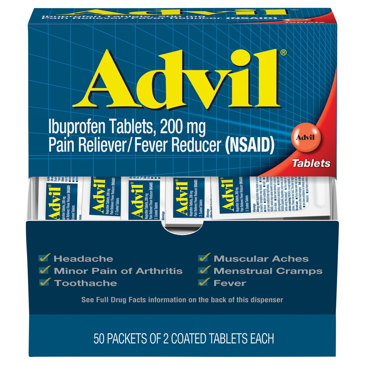 slide 1 of 9, Advil Pain Reliever and Fever Reducer, Ibuprofen 200mg for Pain Relief - 100 Coated Tablets, 50 ct