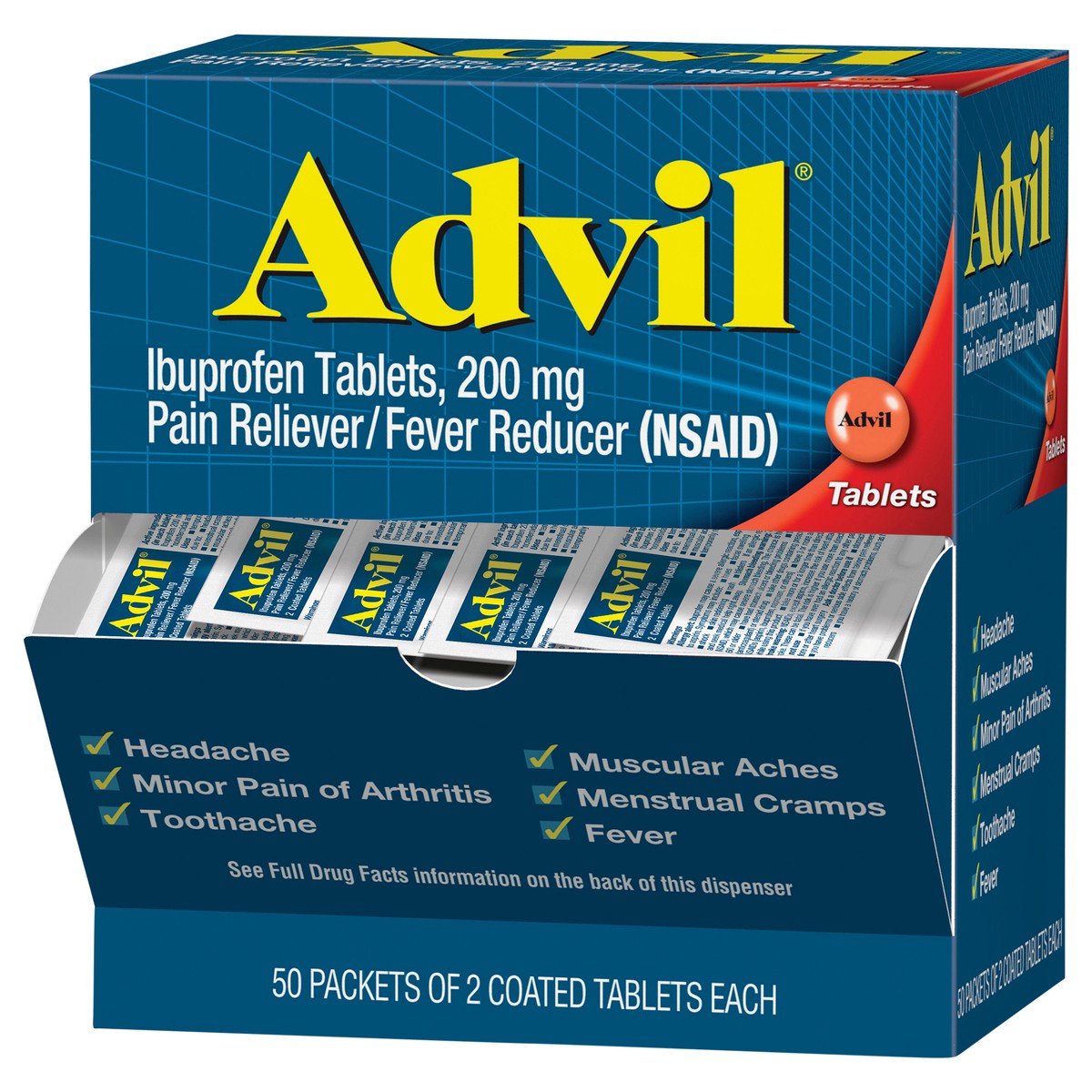 slide 3 of 9, Advil Pain Reliever and Fever Reducer, Ibuprofen 200mg for Pain Relief - 100 Coated Tablets, 50 ct