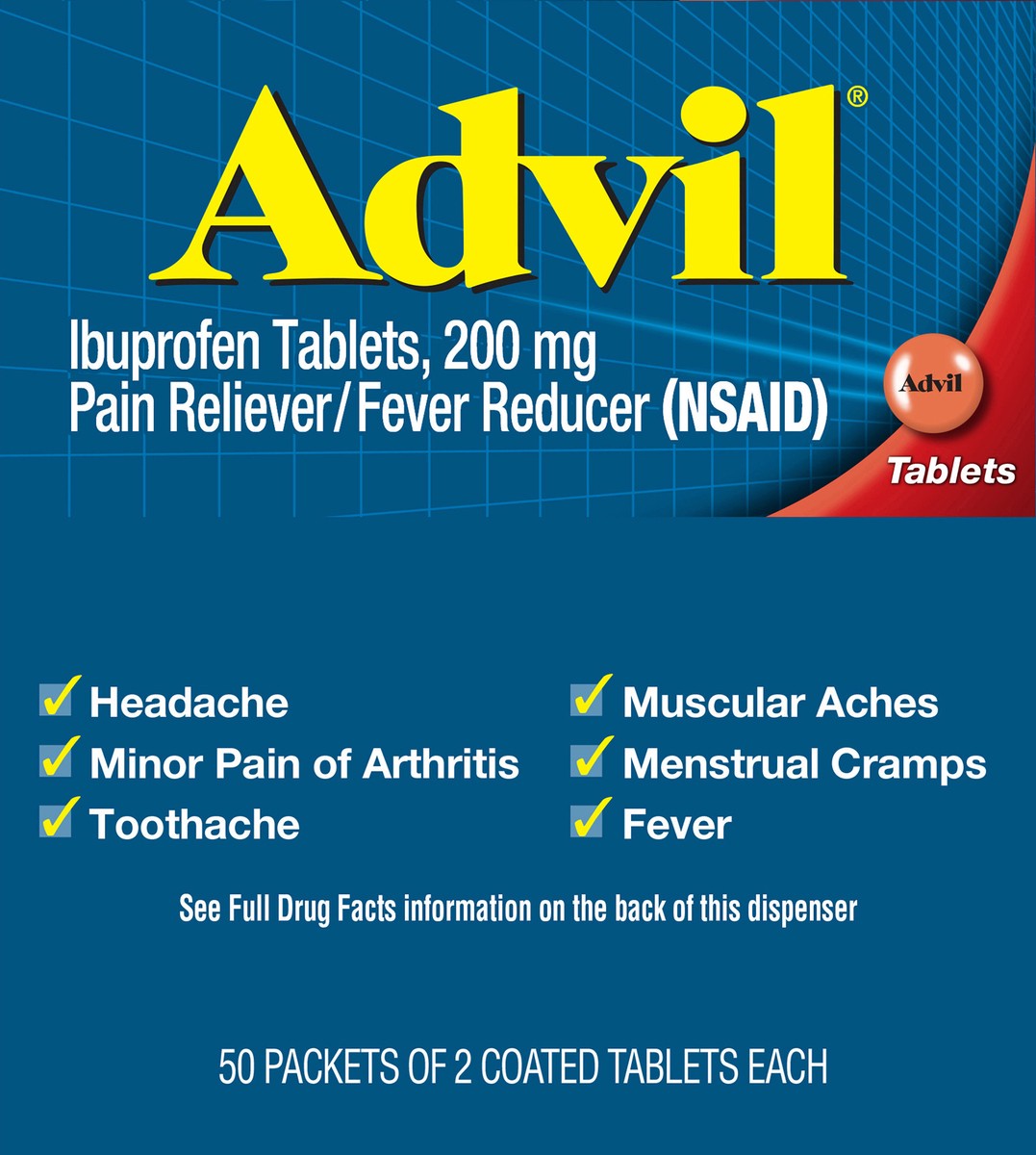 slide 6 of 9, Advil Pain Reliever and Fever Reducer, Ibuprofen 200mg for Pain Relief - 100 Coated Tablets, 50 ct
