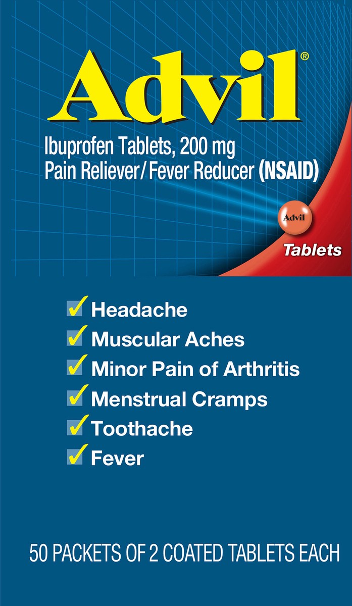 slide 7 of 9, Advil Pain Reliever and Fever Reducer, Ibuprofen 200mg for Pain Relief - 100 Coated Tablets, 50 ct