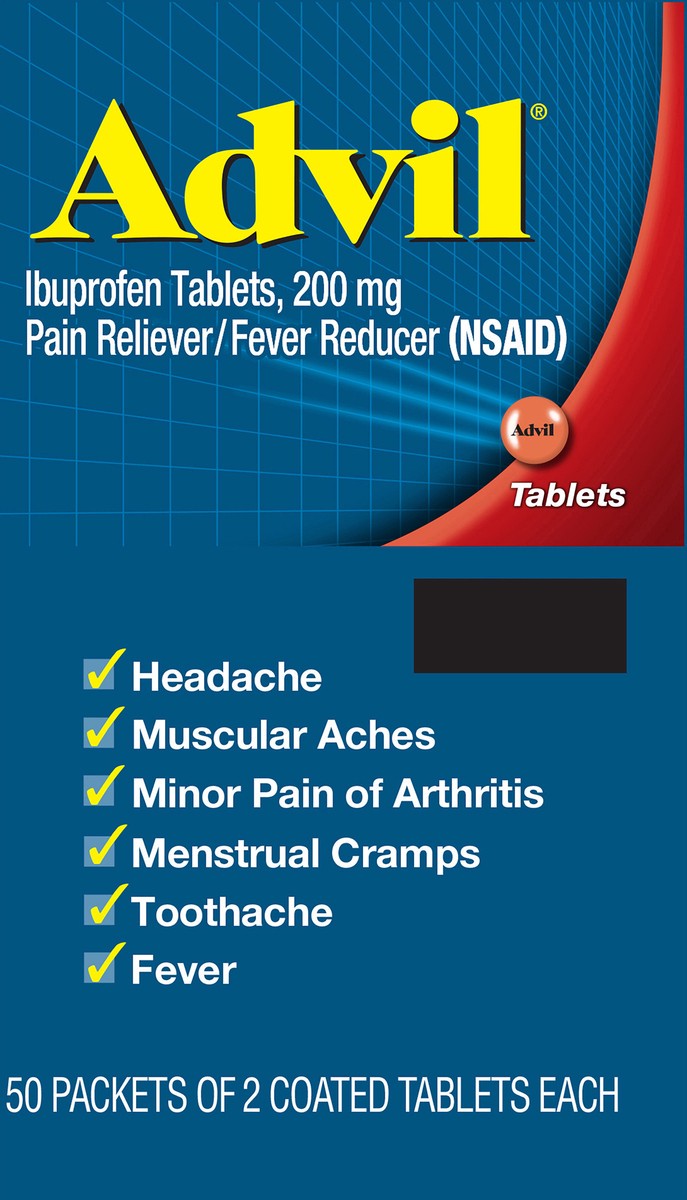 slide 8 of 9, Advil Pain Reliever and Fever Reducer, Ibuprofen 200mg for Pain Relief - 100 Coated Tablets, 50 ct