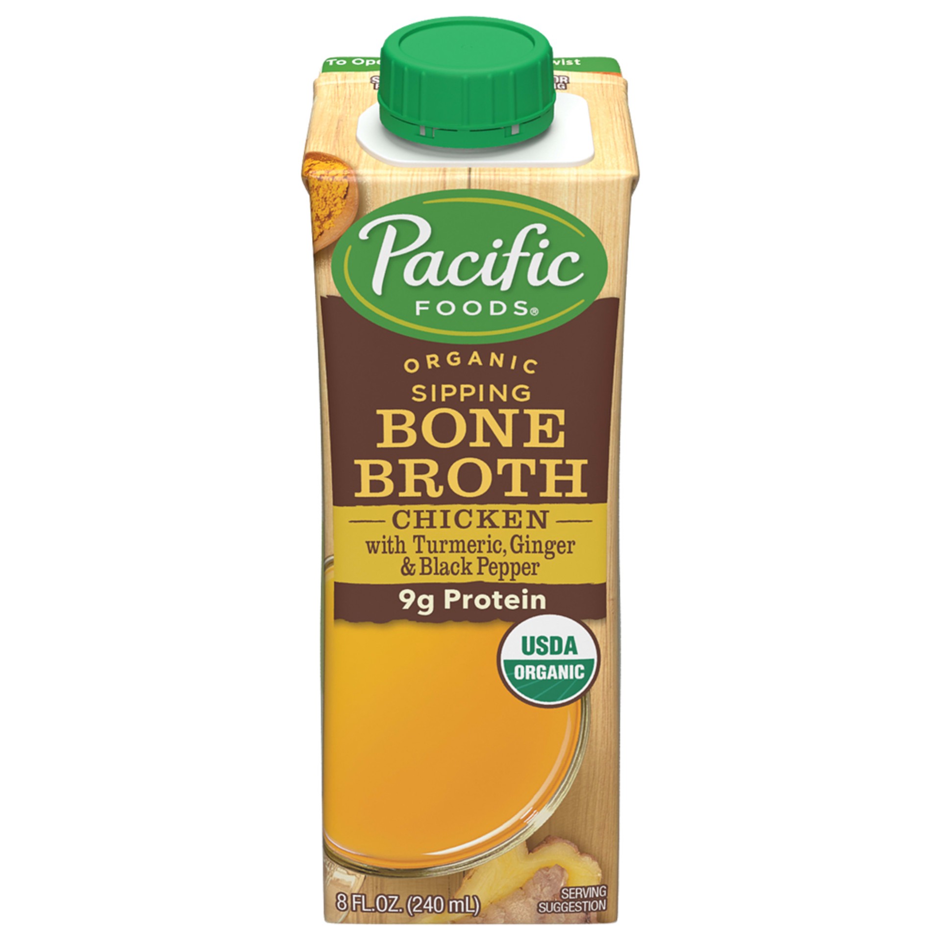 slide 1 of 8, Pacific Foods Organic Chicken Bone Broth with Turmeric, Ginger, & Black Pepper, 8oz, 8 oz