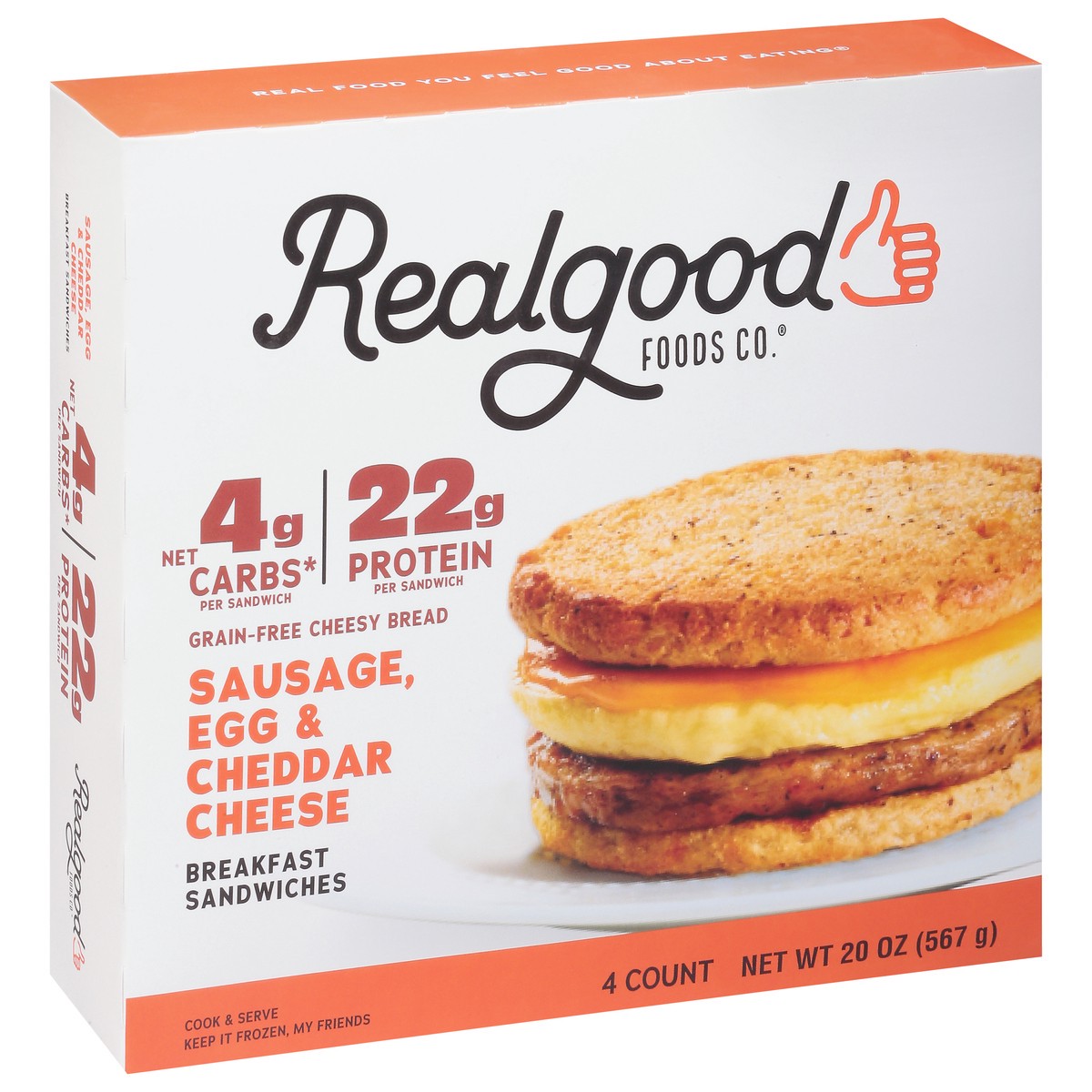 slide 2 of 9, Realgood Sausage Egg & Cheddar Cheese Breakfast Sandwiches 4 ea, 4 ct