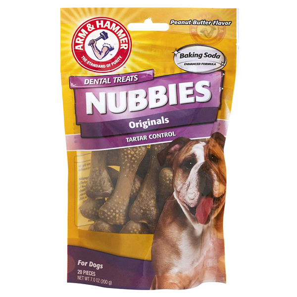 slide 1 of 1, ARM & HAMMER Dental Treats Nubbies Originals for Dogs in Peanut Butter Flavor, 20 ct