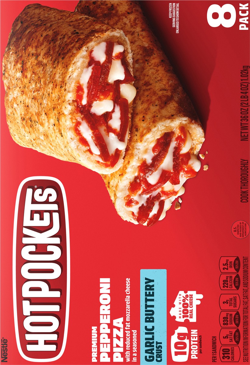 slide 5 of 9, Hot Pockets Pepperoni Pizza Frozen Snacks in a Garlic Buttery Crust, Pizza Snacks Made with Mozzarella Cheese, Frozen Sandwiches, 36 oz