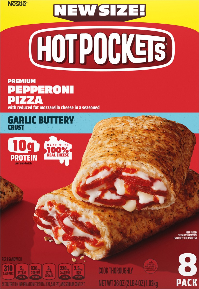 slide 6 of 9, Hot Pockets Pepperoni Pizza Frozen Snacks in a Garlic Buttery Crust, Pizza Snacks Made with Mozzarella Cheese, Frozen Sandwiches, 36 oz