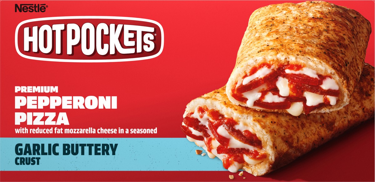 slide 3 of 9, Hot Pockets Pepperoni Pizza Frozen Snacks in a Garlic Buttery Crust, Pizza Snacks Made with Mozzarella Cheese, Frozen Sandwiches, 36 oz