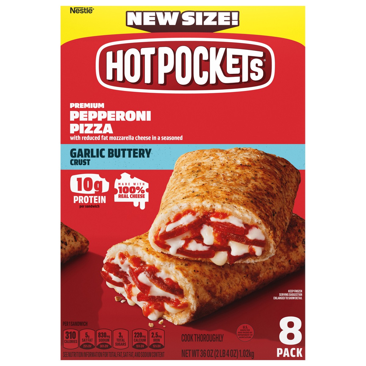 slide 1 of 9, Hot Pockets Pepperoni Pizza Frozen Snacks in a Garlic Buttery Crust, Pizza Snacks Made with Mozzarella Cheese, Frozen Sandwiches, 2.25 lb