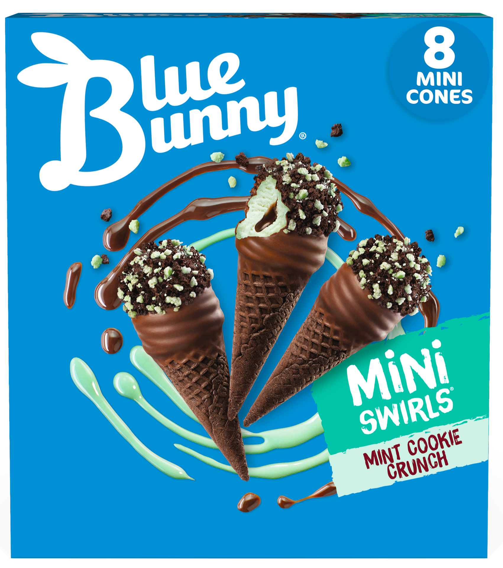 slide 1 of 3, Blue Bunny Mini Swirls Mint Cookie Crunch Cones, Frozen Dessert, 8 Pack, 18.40 fl oz