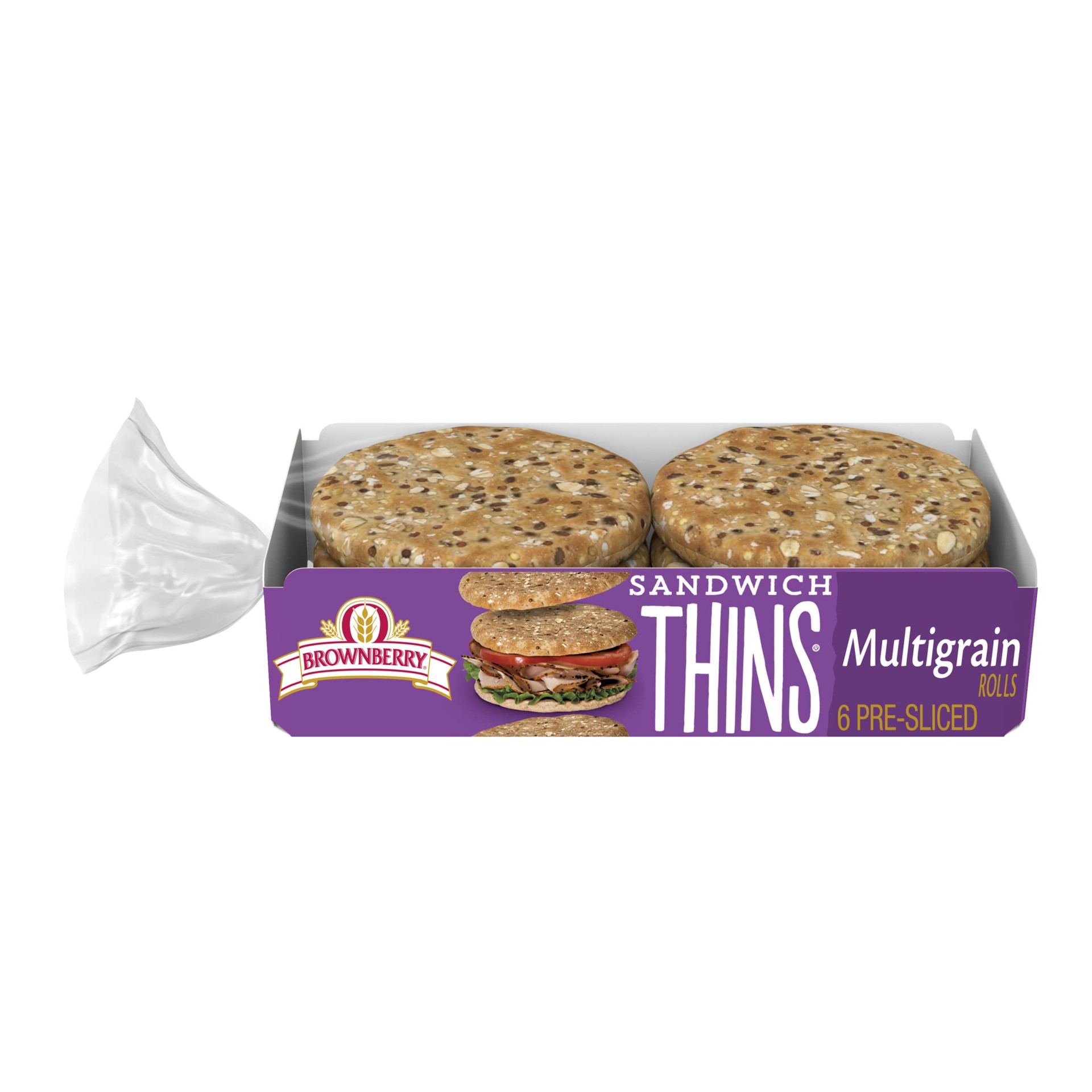 slide 1 of 9, Brownberry Sandwich Thins Multigrain Rolls, 6 count, Pre-sliced Sandwich Thins, 12 oz Bag, 6 ct