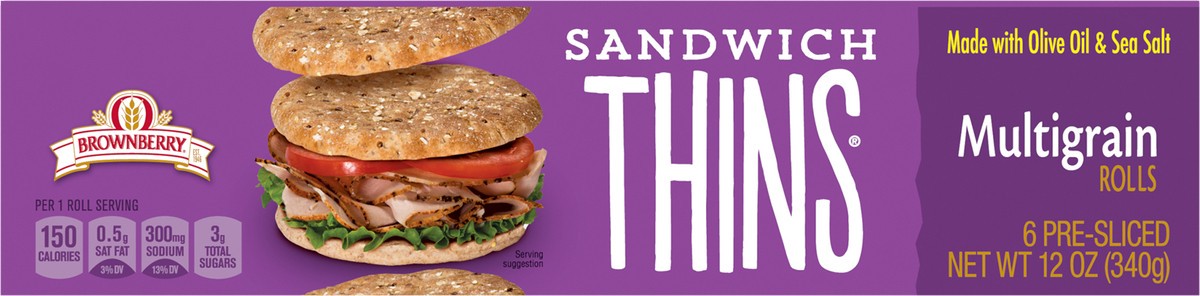 slide 3 of 9, Brownberry Multigrain Sandwich Thins, 6 Rolls, 12 oz, 6 ct