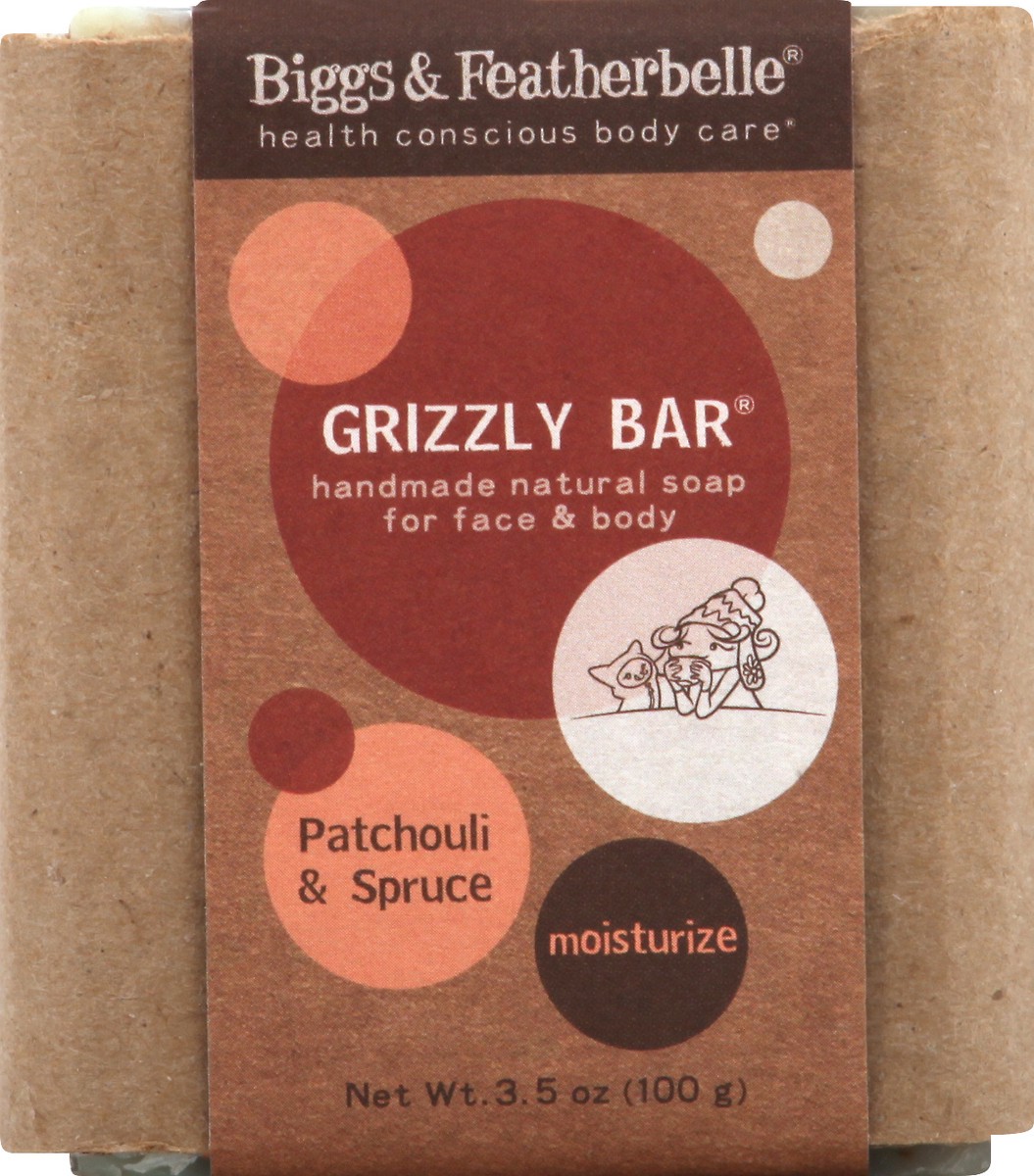 slide 1 of 9, Biggs & Featherbelle Moisturize Grizzly Bar Patchouli & Spruce Soap 3.5 oz, 3.5 oz