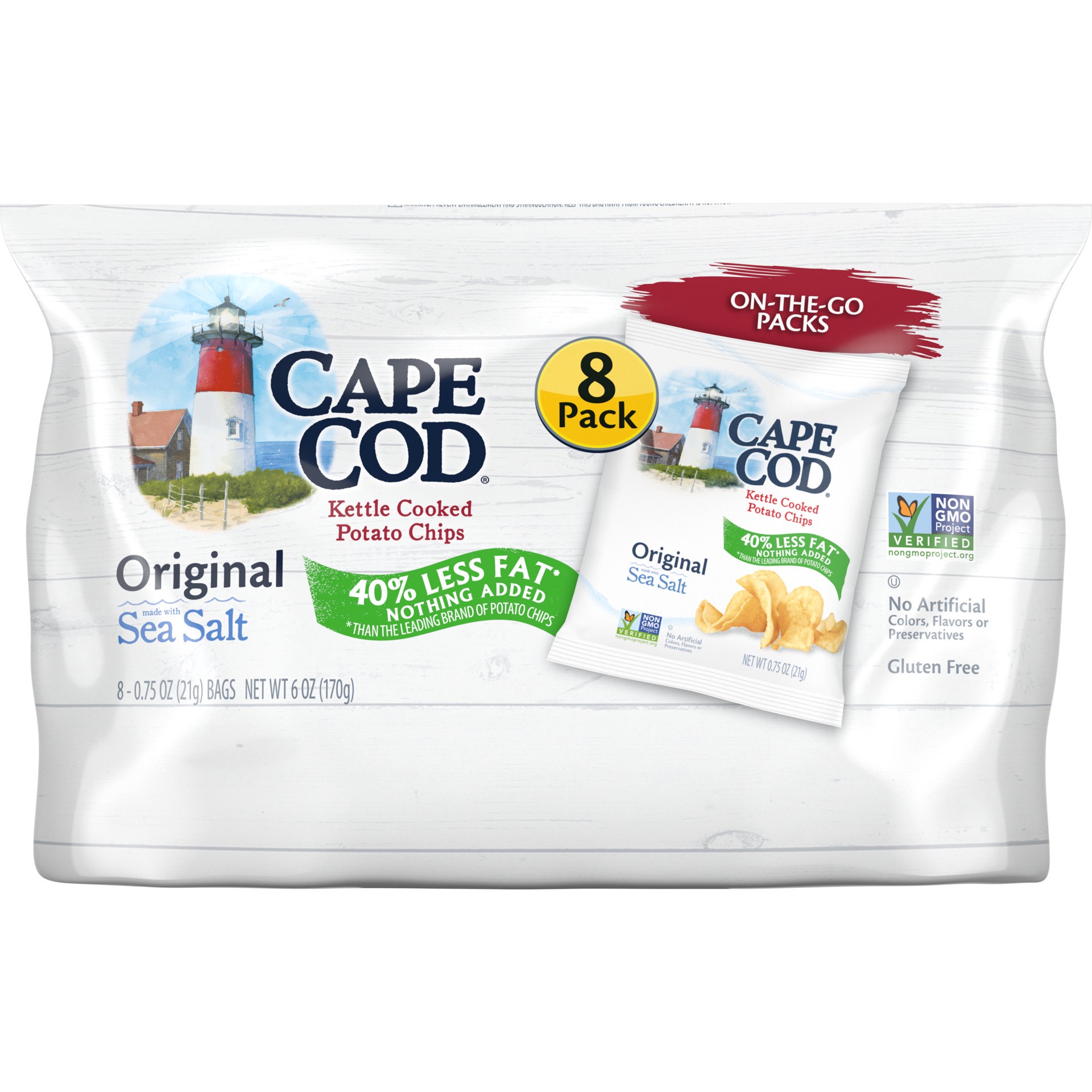 slide 1 of 5, Cape Cod Reduced Fat Original Kettle Cooked Potato Chips, 8 ct; 0.75 oz