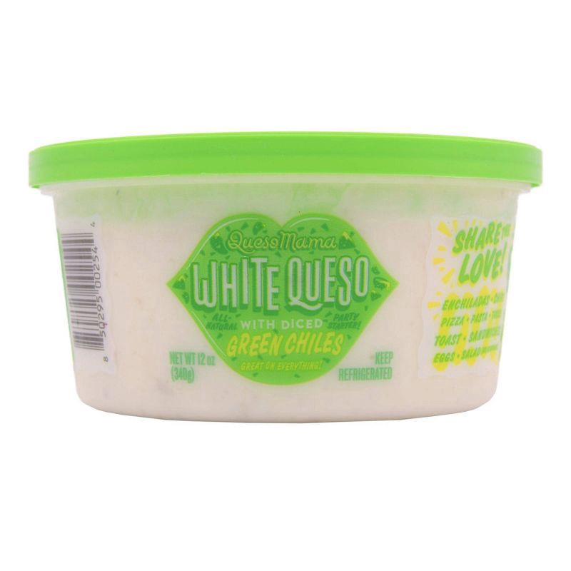 slide 1 of 10, Queso Mama White Queso with Green Chiles, 12 oz
