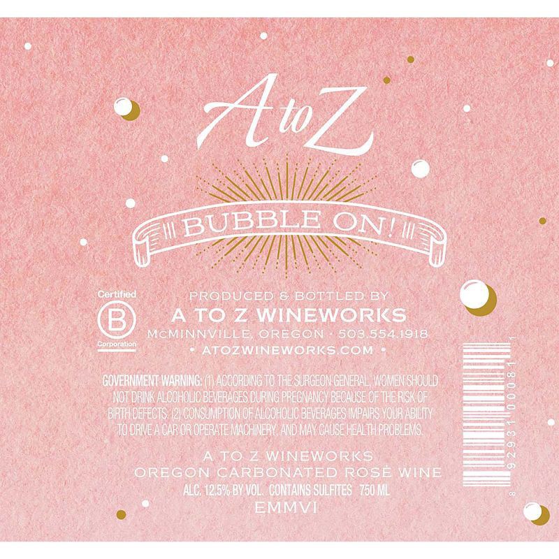 slide 3 of 5, A to Z Wineworks Bubbles The Essence of Oregon Rose 750 ml, 750 ml