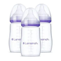 Lansinoh Anti-Colic Baby Bottles for Breastfeeding Babies, Formula Feeding, Breast Milk Storage - Medium Flow Nipples (Size 3M) - 8oz/3pk
