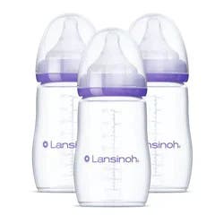 Lansinoh Anti-Colic Baby Bottles for Breastfeeding Babies, Formula Feeding, Breast Milk Storage - Medium Flow Nipples (Size 3M) - 8oz/3pk