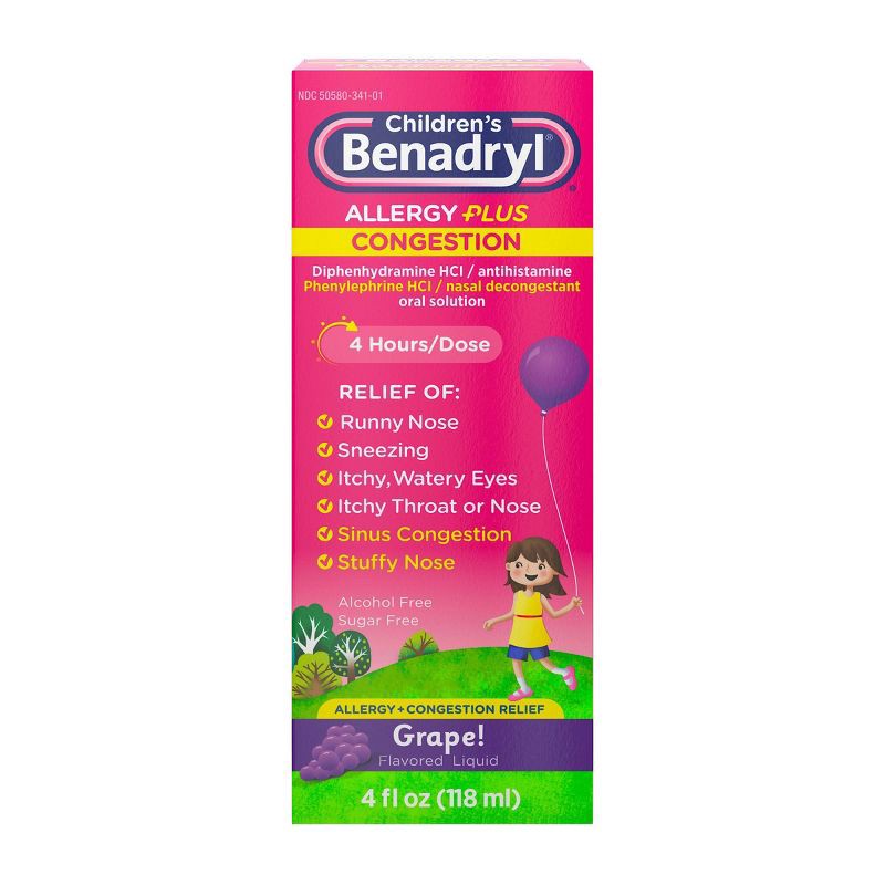 slide 2 of 8, Children's Benadryl Diphenhydramine Allergy Plus Congestion Relief Liquid - Grape - 4 fl oz, 4 fl oz